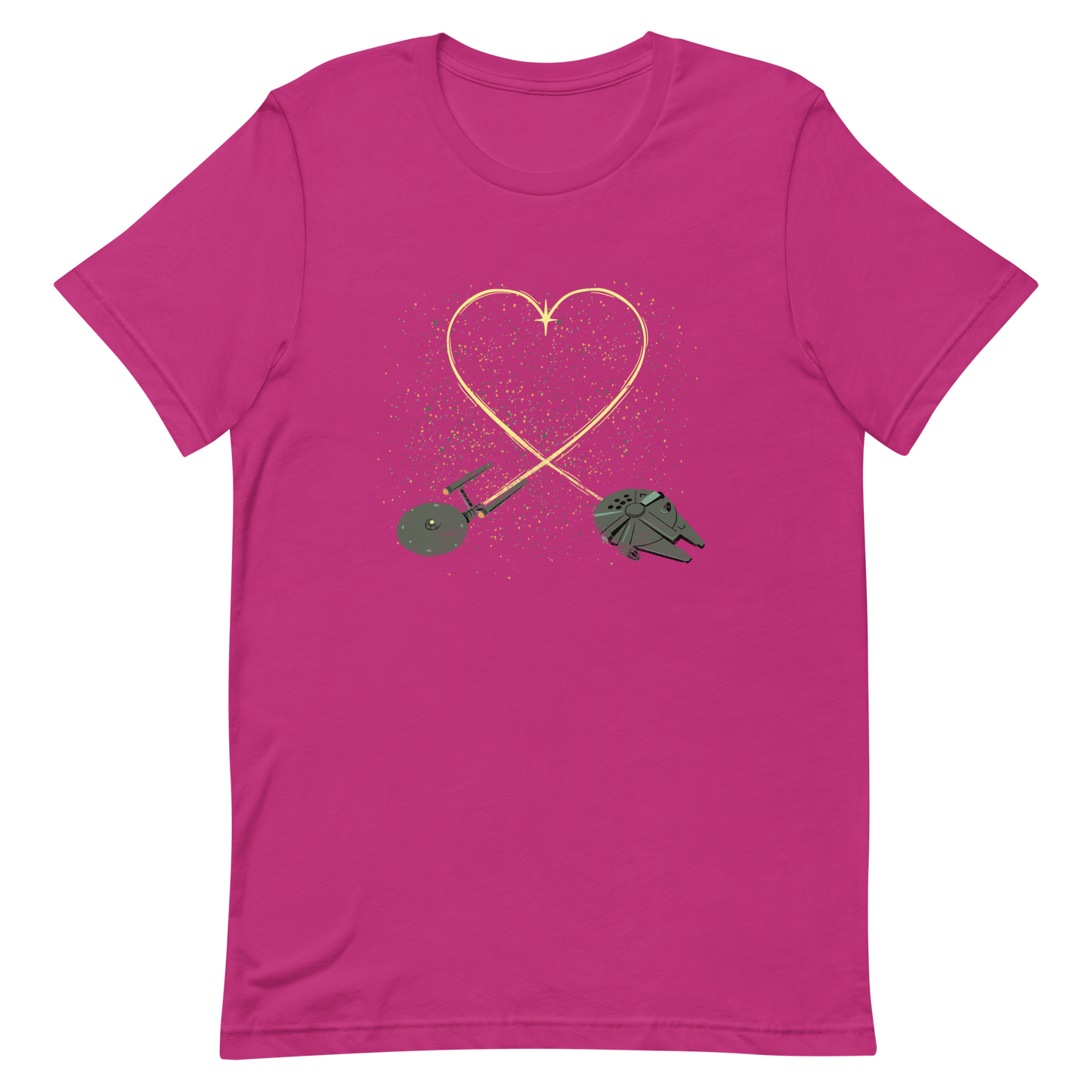 A romantic sci-fi illustration of two retro-inspired spaceships flying through space, their trails forming a heart shape. A subtle tribute to classic science fiction adventures, perfect for sci-fi fans who love a touch of romance.