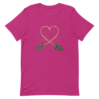 A romantic sci-fi illustration of two retro-inspired spaceships flying through space, their trails forming a heart shape. A subtle tribute to classic science fiction adventures, perfect for sci-fi fans who love a touch of romance.