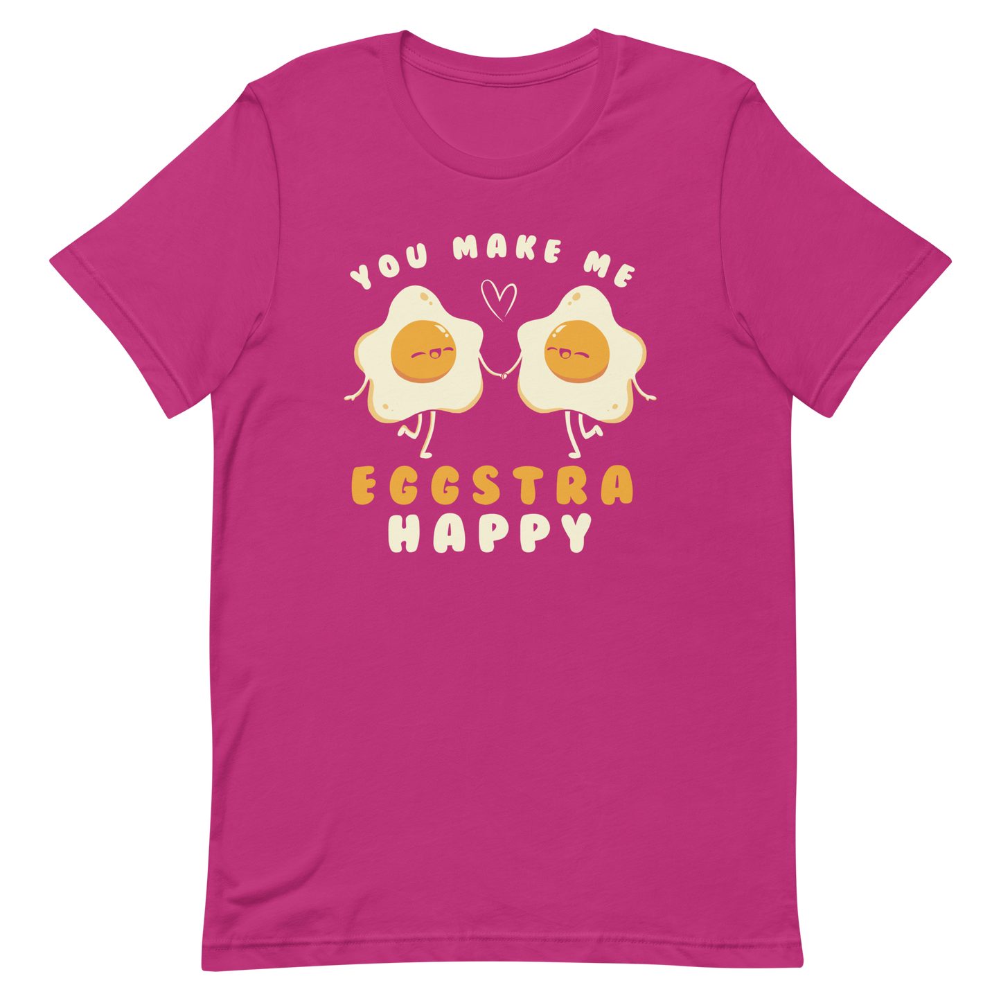 A fun and cute art of two bouncy starry eggs as if they were lovers, next to them the phrase "You make me eggstra happy". A humorous gift that combines love and eggs.