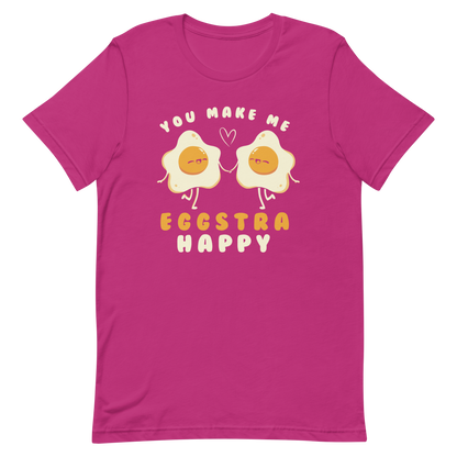 A fun and cute art of two bouncy starry eggs as if they were lovers, next to them the phrase "You make me eggstra happy". A humorous gift that combines love and eggs.