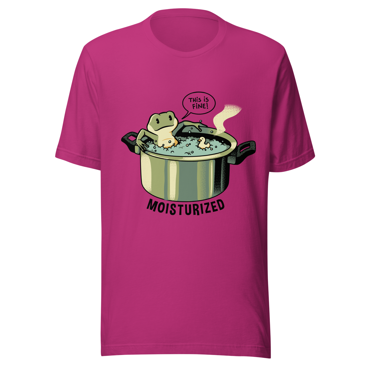 A relaxing frog enjoys a bath in a pot of boiling water while calmly saying, “This is fine”. This artwork combines sarcastic humor with an unexpectedly relaxed vibe. Perfect for frog lovers, memes, irony, and a touch of playful absurdity.