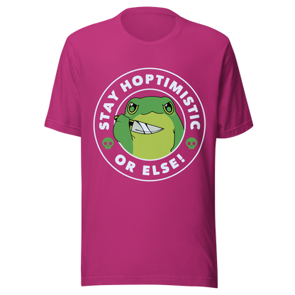 A green frog with a determined look stands beside the playful phrase “Stay Hoptimistic — Or Else”. A fun pun with a slightly chaotic twist, perfect for frog lovers and anyone who enjoys quirky, attitude-filled humor.