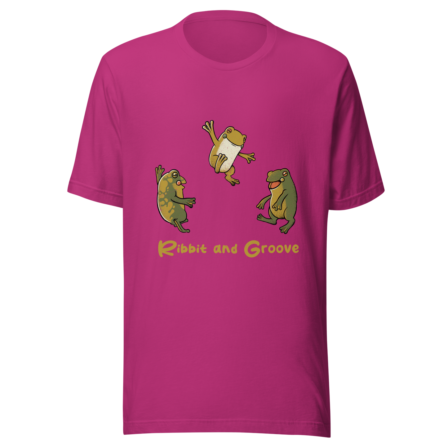 Three frogs dancing as if performing a ritual, with ‘Ribbit and Groove’ written below. A playful design that mixes humor and frogs. Perfect for frog lovers, music fans, and anyone who enjoys fun prints.
