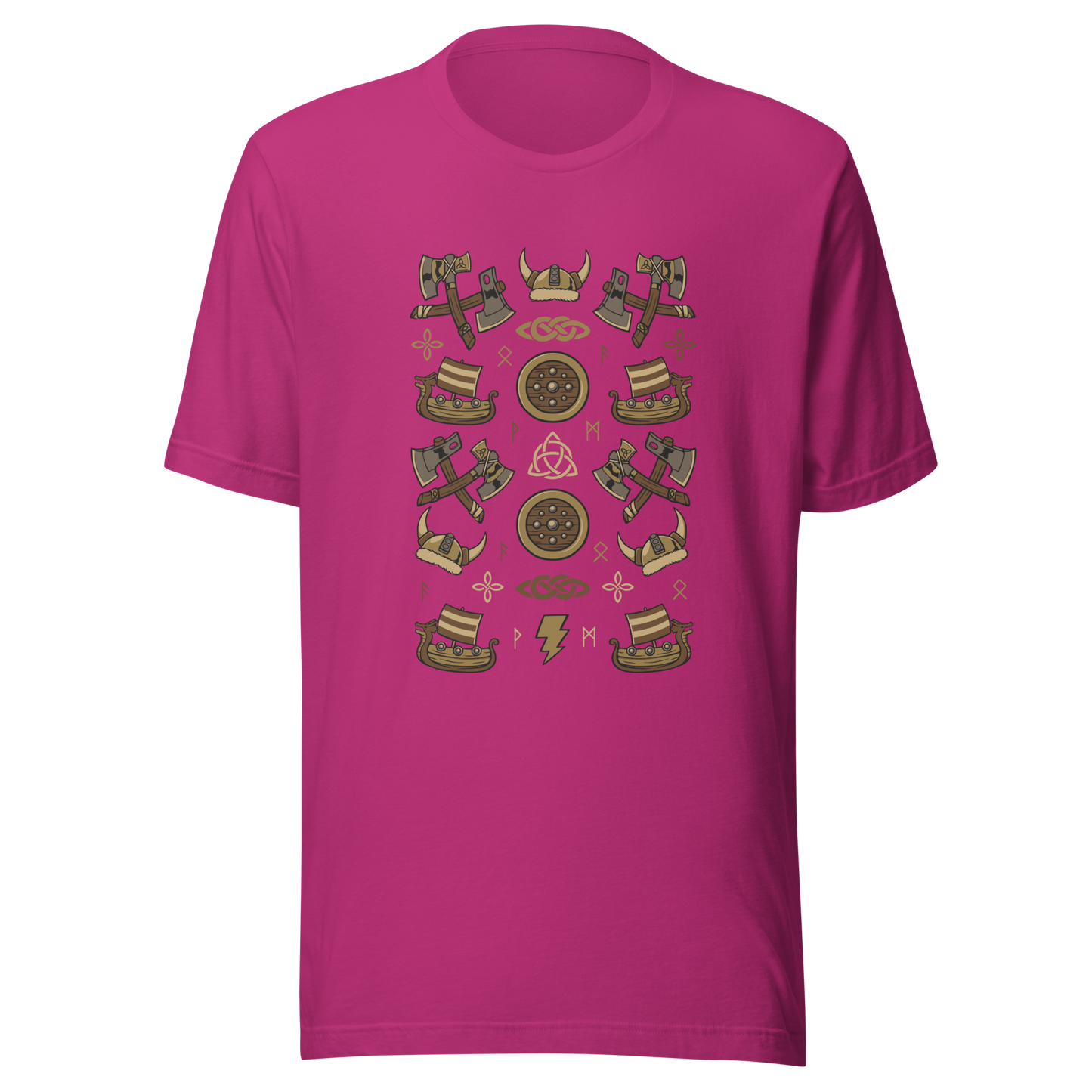 The artwork features a symmetrical illustration with axes, wooden shields, Viking helmets, longships, and runes in earthy tones on a dark background. Each element reinforces the classic Nordic aesthetic, blending iconic symbols with a detailed and super harmonious cartoon style. Perfect for fans of Viking culture, Norse mythology, RPGs, and anyone who loves prints with an epic and stylized vibe.