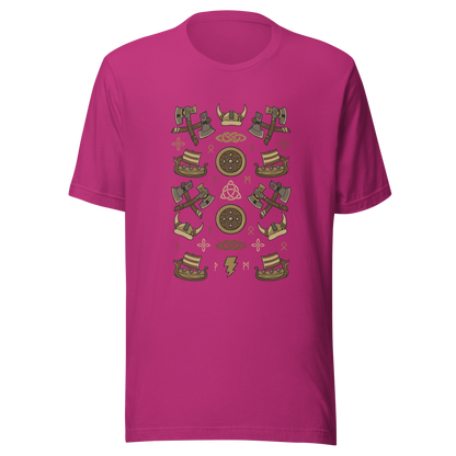The artwork features a symmetrical illustration with axes, wooden shields, Viking helmets, longships, and runes in earthy tones on a dark background. Each element reinforces the classic Nordic aesthetic, blending iconic symbols with a detailed and super harmonious cartoon style. Perfect for fans of Viking culture, Norse mythology, RPGs, and anyone who loves prints with an epic and stylized vibe.
