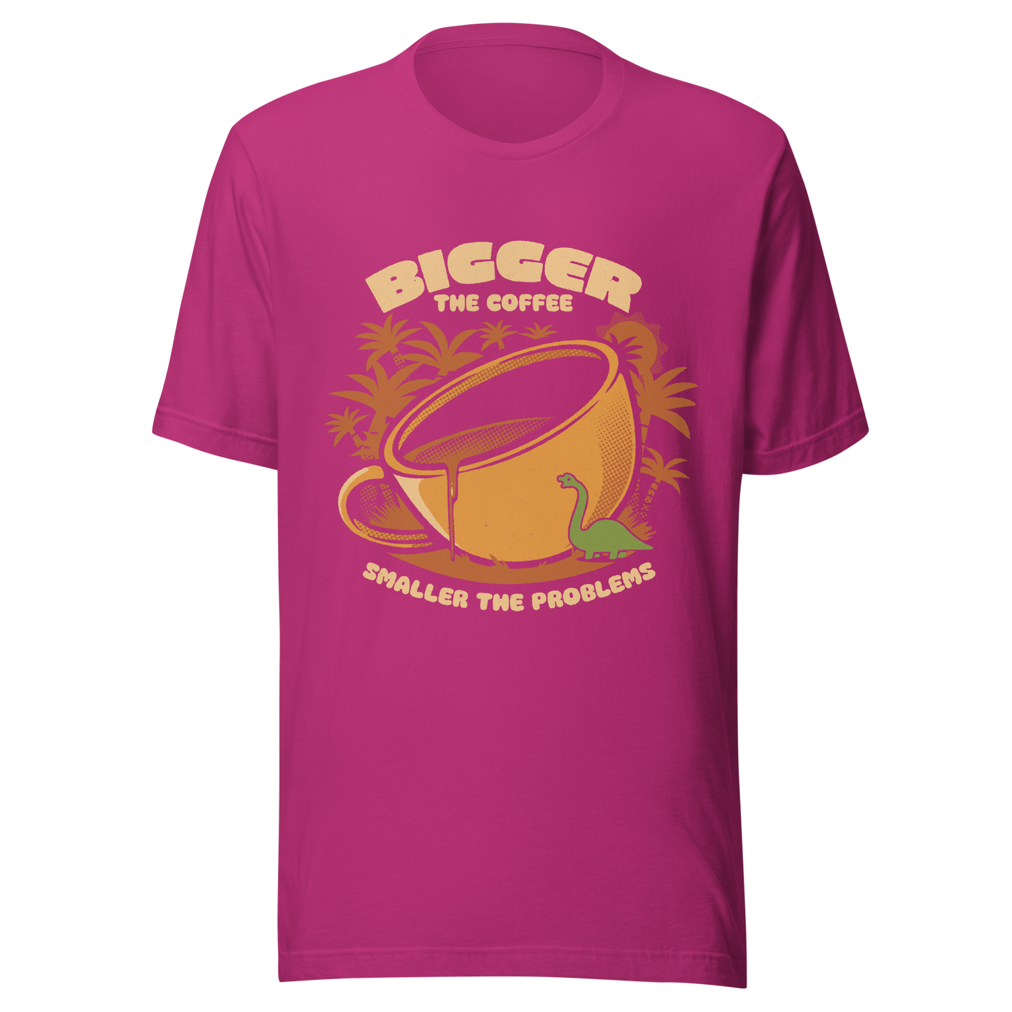 A giant retro-style coffee cup, with a little dinosaur strolling around and palm trees in the background. This design plays on the phrase "Bigger the coffee, smaller the problems," creating a cute and humorous scene about morning survival. Perfect for coffee lovers, dinosaur fans, and those who enjoy fun art.