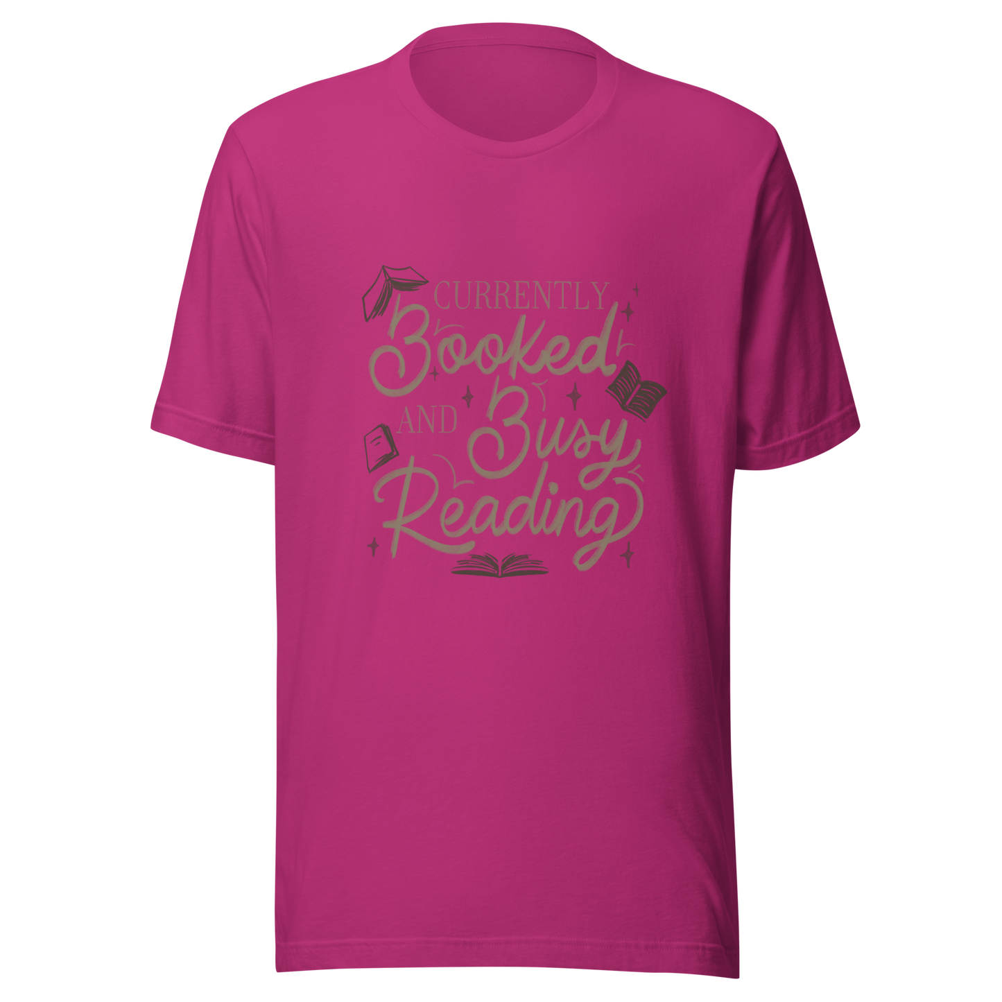 A warm hand-lettered typography featuring the phrase ‘Currently Booked and Busy Reading’, accented with delicate book illustrations and subtle sparkles on a dark background. A cozy, elegant design that celebrates the joy of reading, perfect for book lovers, students, introverts, and anyone who would rather be reading.