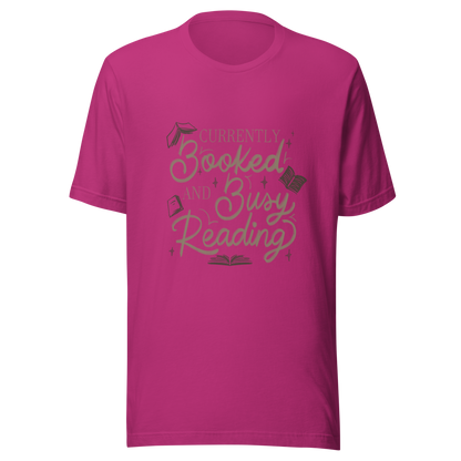 A warm hand-lettered typography featuring the phrase ‘Currently Booked and Busy Reading’, accented with delicate book illustrations and subtle sparkles on a dark background. A cozy, elegant design that celebrates the joy of reading, perfect for book lovers, students, introverts, and anyone who would rather be reading.