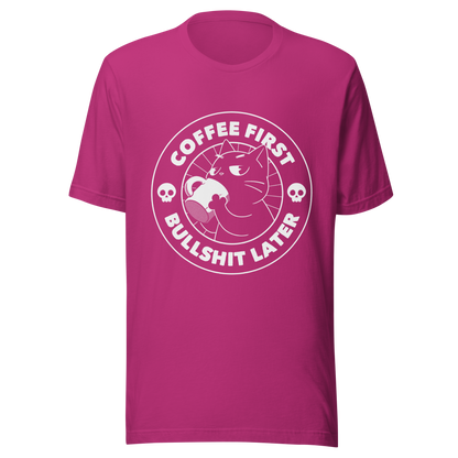A black cat enjoys a hot cup of coffee, surrounded by the phrase “Coffee First Bullshit Later” adorned with skulls. This design combines dark humor with a touch of humor, perfect for those who face the day with equal doses of coffee and sarcasm. Made for lovers of felines, sarcasm and that extra dose of morning caffeine.