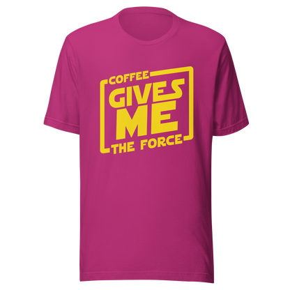 An artwork in yellow inspired by classic space adventure movies, featuring the phrase “Coffee Gives Me The Force”. A fun design for coffee lovers, sci-fi fans and anyone powered by caffeine and galaxy vibes.