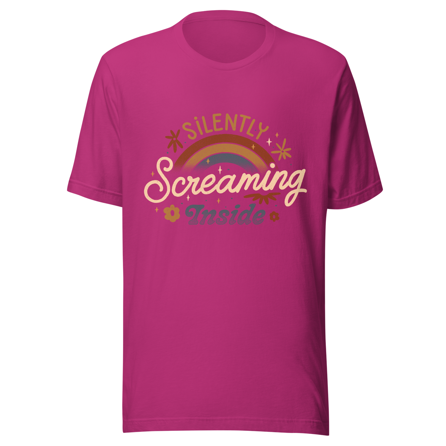 A fun and cute lettering design with a rainbow in the background and the phrase ‘Silently Screaming Inside’. The contrast between cheerful visuals and dark humour makes it perfect for those who cope with irony and sarcasm.