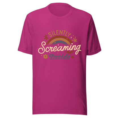 A fun and cute lettering design with a rainbow in the background and the phrase ‘Silently Screaming Inside’. The contrast between cheerful visuals and dark humour makes it perfect for those who cope with irony and sarcasm.