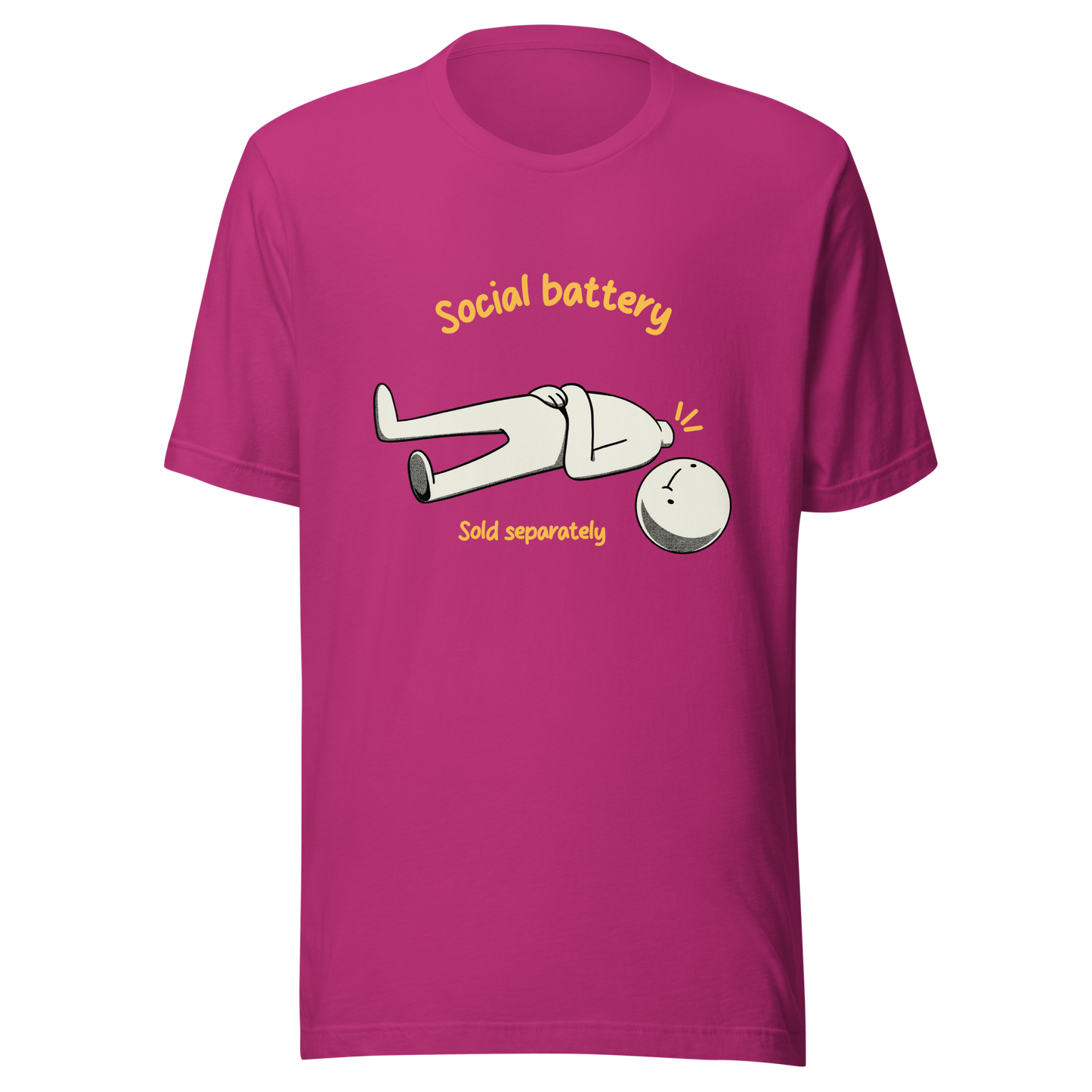 A cute character lying on the ground with their head separated from their body, paired with the phrase “Social Battery Sold Separately”. This humorous design captures the feeling of having no energy left for social interaction. Perfect for introverts and anyone who needs time alone to recharge, it’s a relatable and playful reminder that not everyone comes with a full social battery.