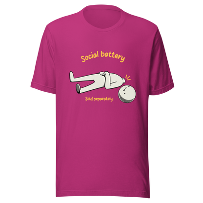 A cute character lying on the ground with their head separated from their body, paired with the phrase “Social Battery Sold Separately”. This humorous design captures the feeling of having no energy left for social interaction. Perfect for introverts and anyone who needs time alone to recharge, it’s a relatable and playful reminder that not everyone comes with a full social battery.