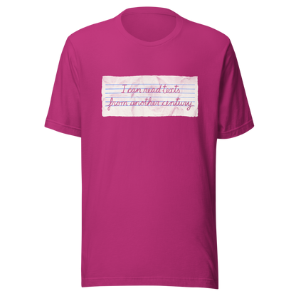 A minimalist artwork featuring handwritten lettering on crumpled, vintage notebook-style paper. The phrase “I can read texts from another century” blends nostalgia and ironic humour, making it perfect for book lovers, history enthusiasts, and literary nerds.