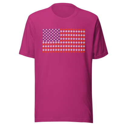 An artistic reinterpretation of the United States flag formed entirely by countless small paw prints. Blending patriotism with pet love, this creative design celebrates animal lovers, dogs, cats, and the special bond between people and their furry companions.