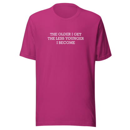 This typographic design features the phrase ‘The older I get the less younger I become’, a funny and ironic take on getting older. A clean and minimalist quote artwork, perfect for fans of sarcastic humor, witty sayings, and relatable designs.