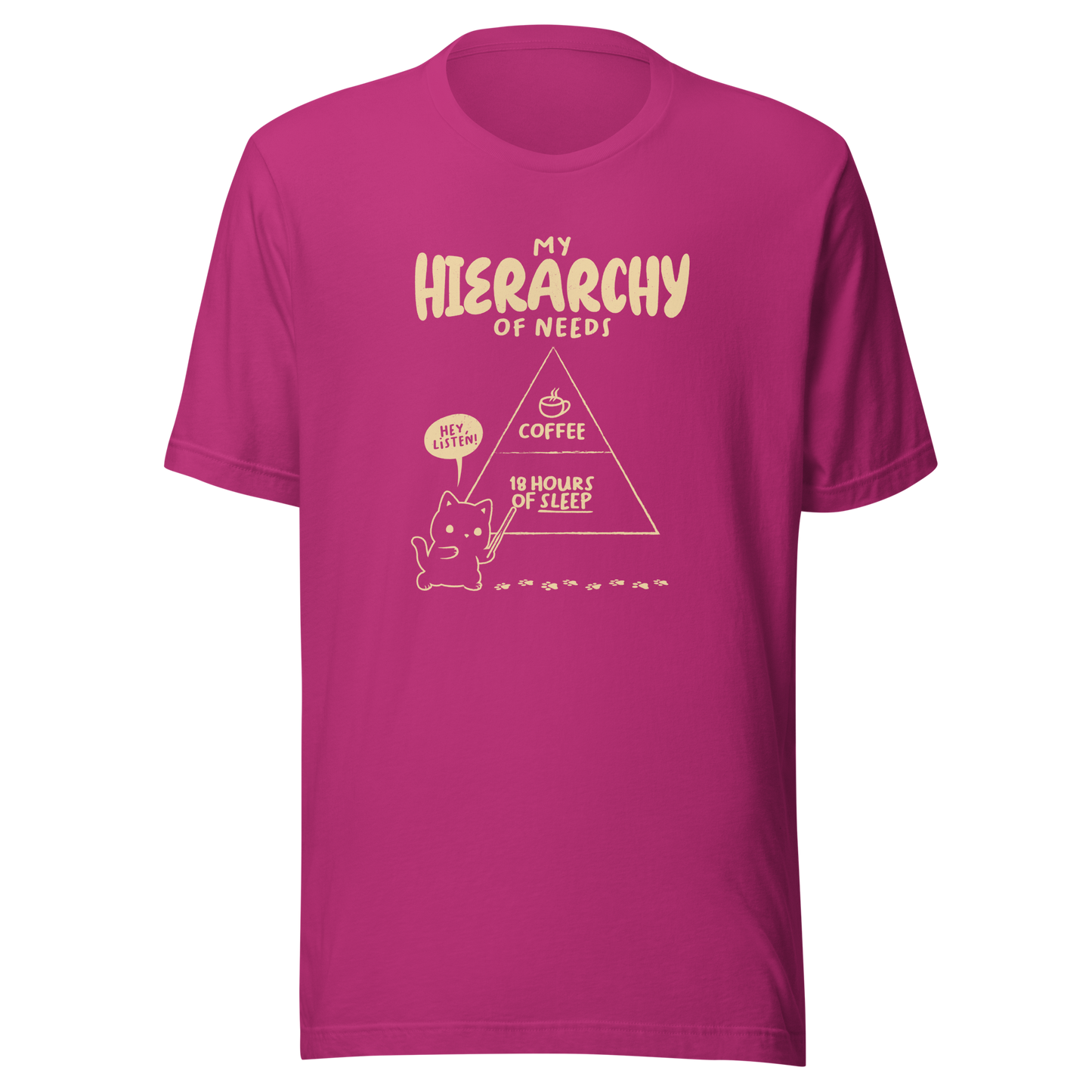 A playful illustration of a cat holding a pointer and presenting its own hierarchy of needs on a triangle chart, with coffee at the very top and 18 hours of sleep right below. A humorous piece for cat lovers who know exactly what really matters.