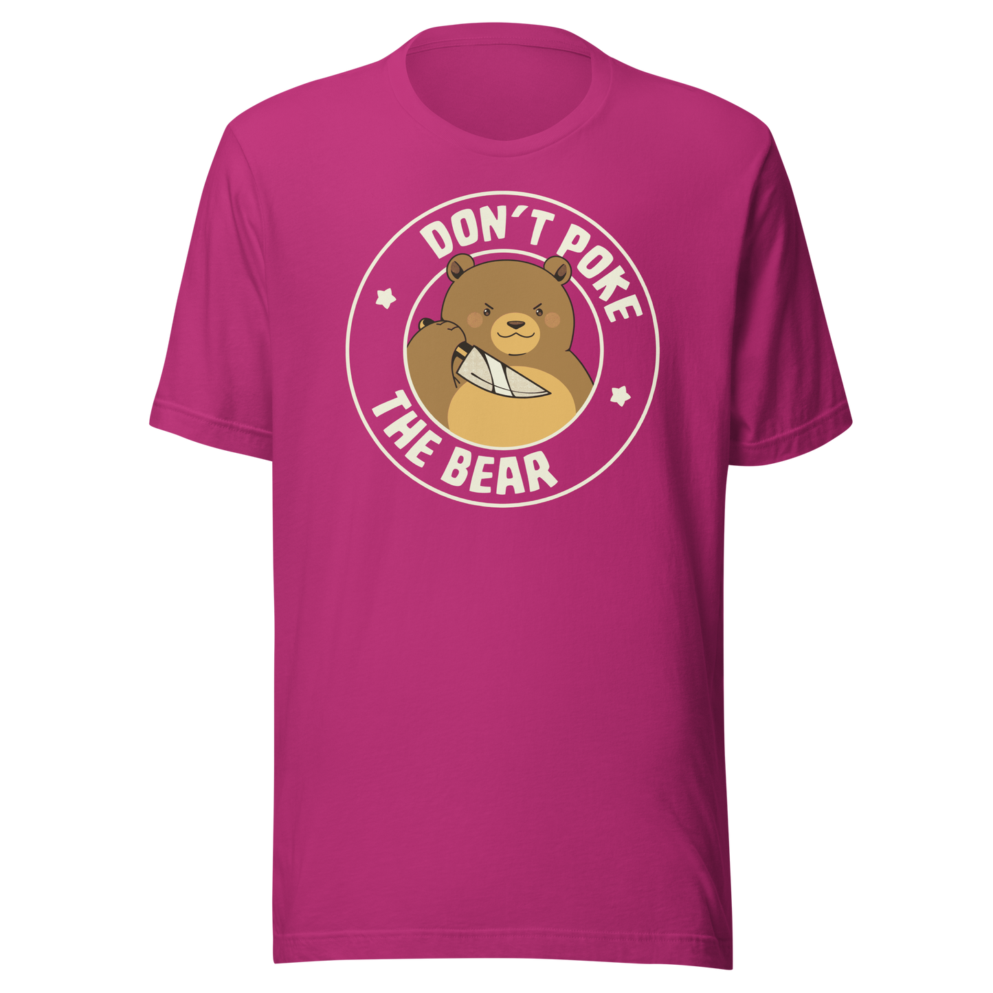 A cute bear with a dark twist, holding a knife and surrounded by the phrase “Don’t Poke The Bear”. This edgy yet adorable design plays with the contrast between sweetness and menace, making it perfect for fans of dark humour, bold artwork and ironic animal illustrations.