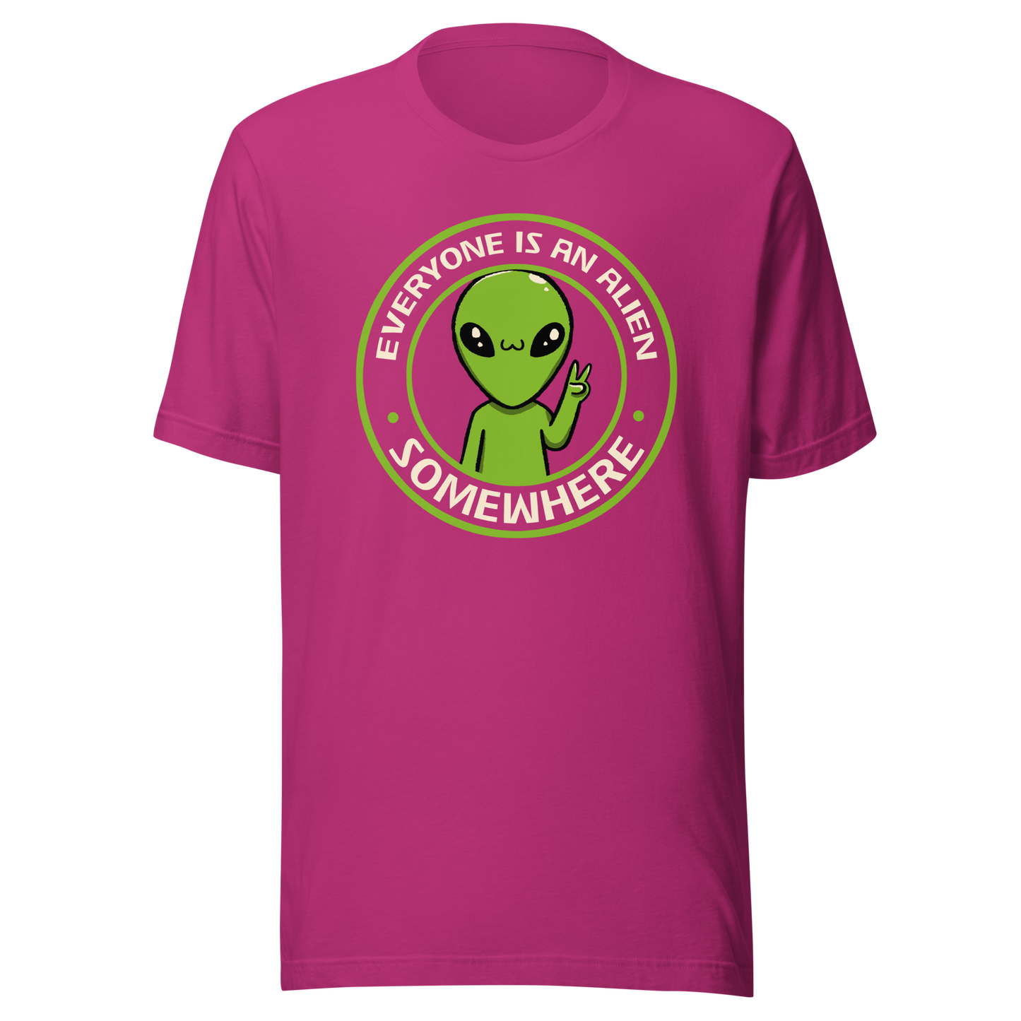 A stamp-style design of a green alien making a “V” sign, paired with the phrase “Everyone Is An Alien Somewhere”. A playful artwork about feeling different and embracing individuality.