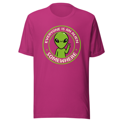 A stamp-style design of a green alien making a “V” sign, paired with the phrase “Everyone Is An Alien Somewhere”. A playful artwork about feeling different and embracing individuality.