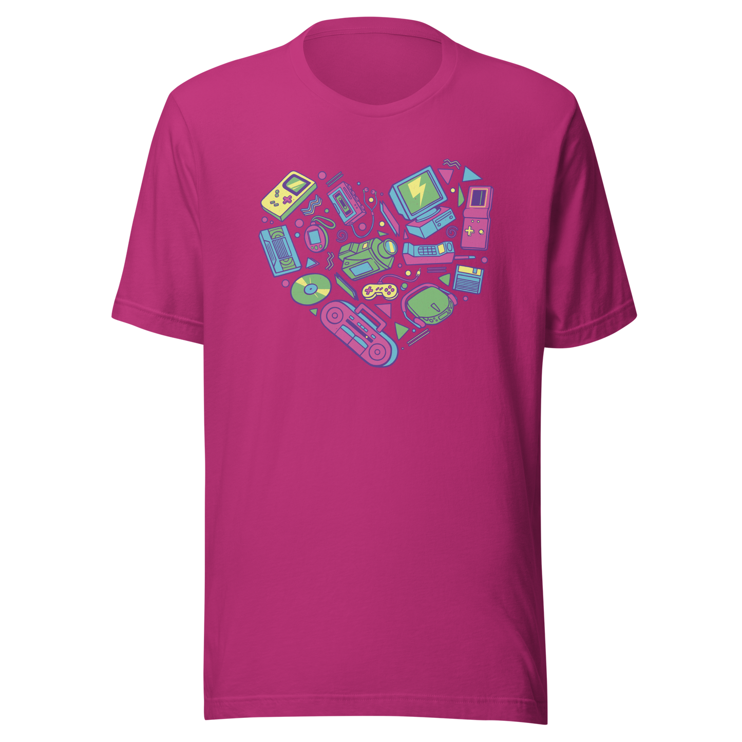 A heart made of iconic 90s electronics like computers, Walkmans, telephones, video game consoles, and Discmen, all in vibrant neon colours. A bold, nostalgic artwork perfect for anyone who loves retro tech and 90s vibes.