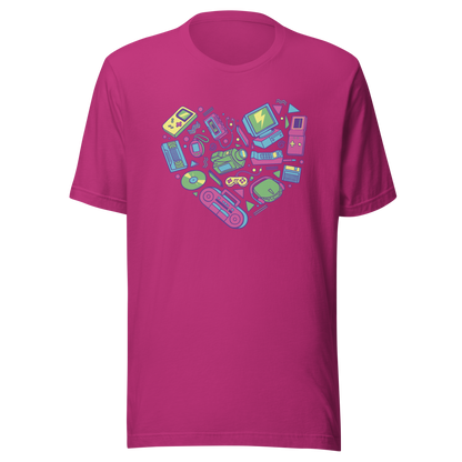 A heart made of iconic 90s electronics like computers, Walkmans, telephones, video game consoles, and Discmen, all in vibrant neon colours. A bold, nostalgic artwork perfect for anyone who loves retro tech and 90s vibes.