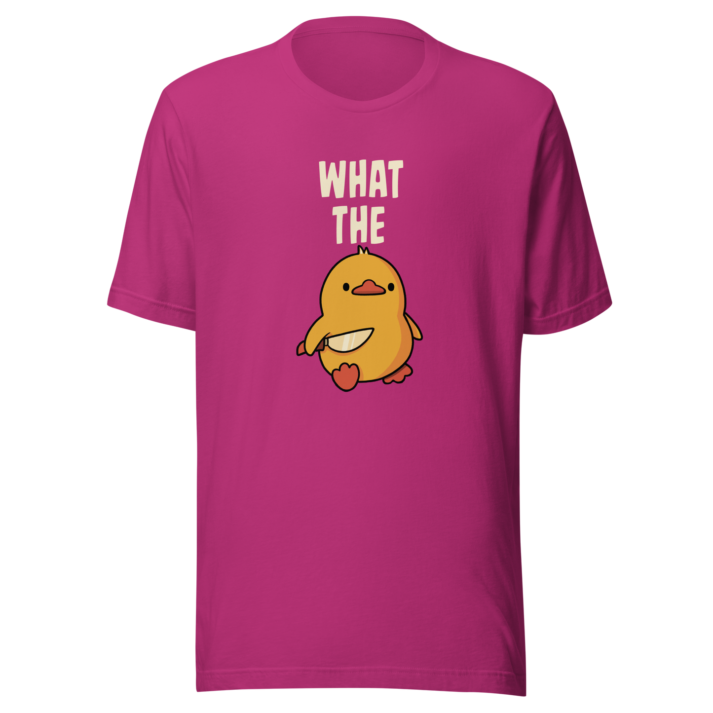 A cute yellow duck holding a small knife, with “What The” above it, completed by the duck below to read “What The Duck”. A playful mix of sweet and chaotic humor.