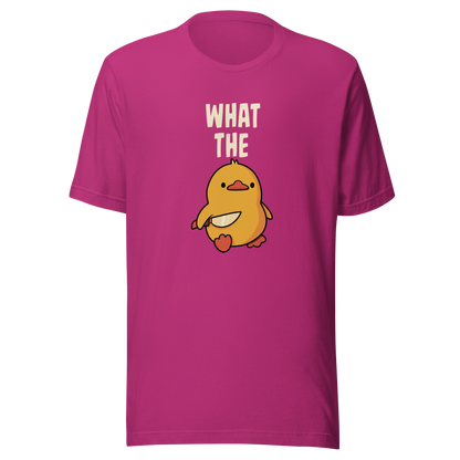 A cute yellow duck holding a small knife, with “What The” above it, completed by the duck below to read “What The Duck”. A playful mix of sweet and chaotic humor.