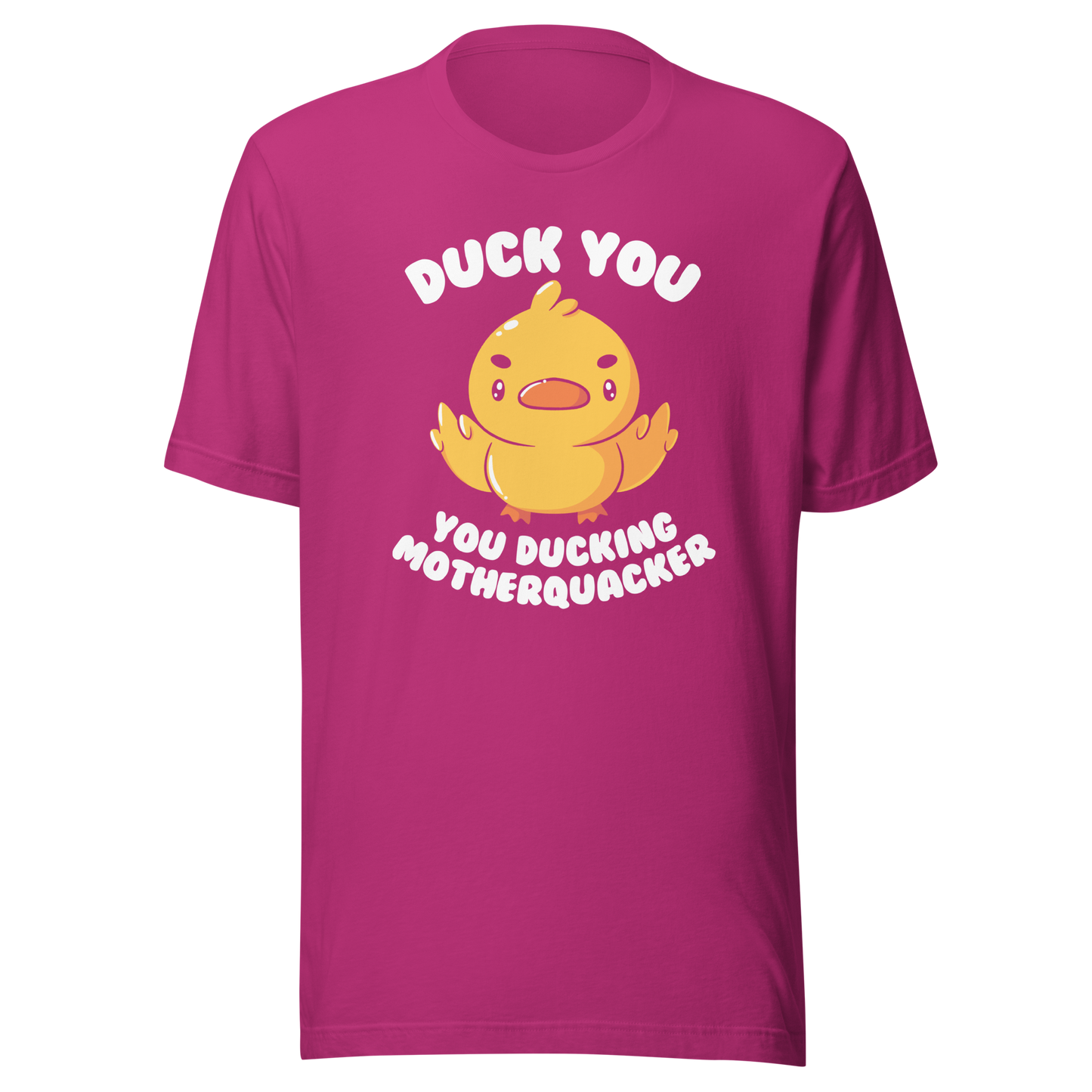 A cute yellow duckling with a mean face showing his middle fingers, next to it the phrase "Duck You, you ducking motherquacker". An art with humor for those who love ducks.