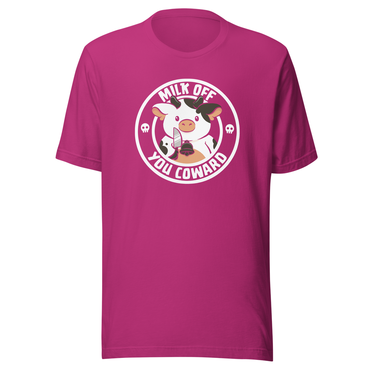 A quirky stamp-style design featuring a cute spotted cow holding a knife alongside the phrase "Milk Off You Coward". Blending dark humour with a cheeky attitude, this playful design is perfect for cow lovers, fans of sarcastic humour, and anyone who enjoys bold, irreverent artwork.