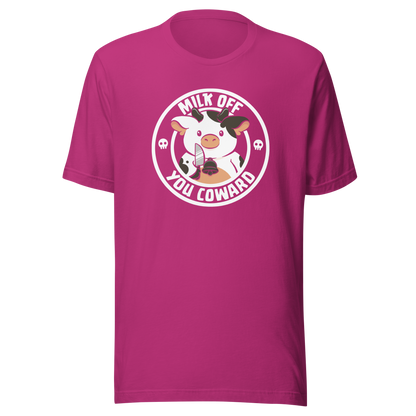 A quirky stamp-style design featuring a cute spotted cow holding a knife alongside the phrase "Milk Off You Coward". Blending dark humour with a cheeky attitude, this playful design is perfect for cow lovers, fans of sarcastic humour, and anyone who enjoys bold, irreverent artwork.