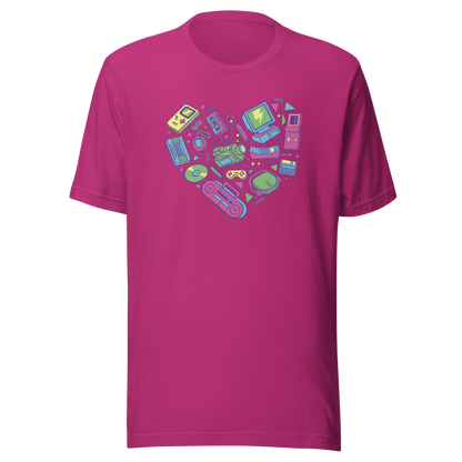 A heart made of iconic 90s electronics like computers, Walkmans, telephones, video game consoles, and Discmen, all in vibrant neon colours. A bold, nostalgic artwork perfect for anyone who loves retro tech and 90s vibes.