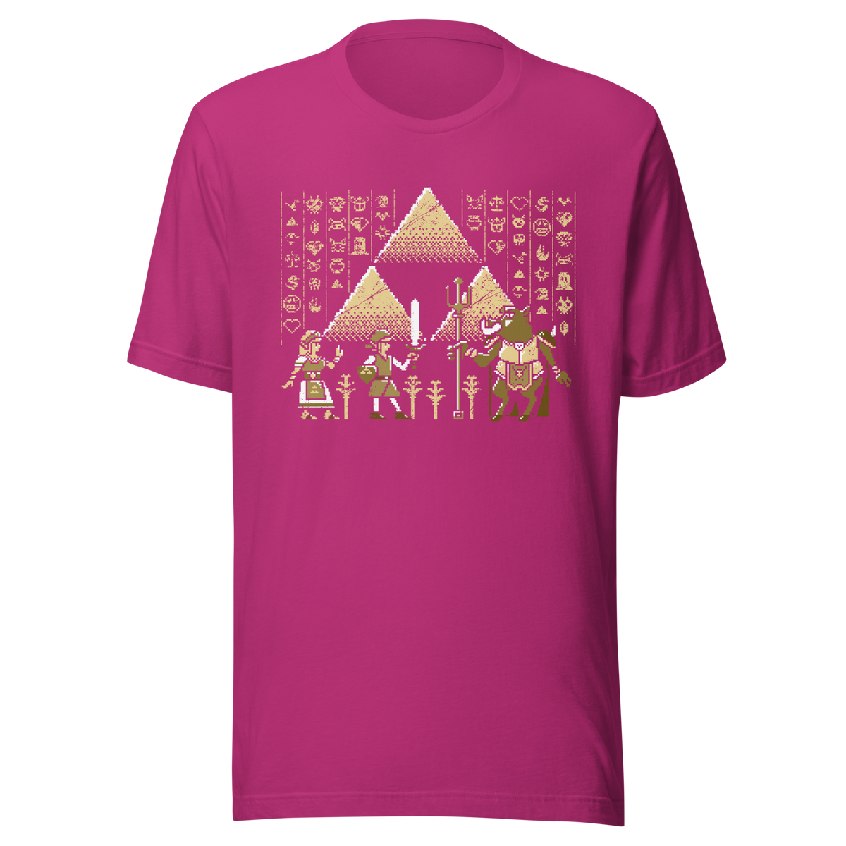 A pixel-style hero, princess, and beast clash in front of golden pyramids and mysterious symbols. This retro fantasy design blends ancient power with classic 8-bit vibes — perfect for old-school adventurers.