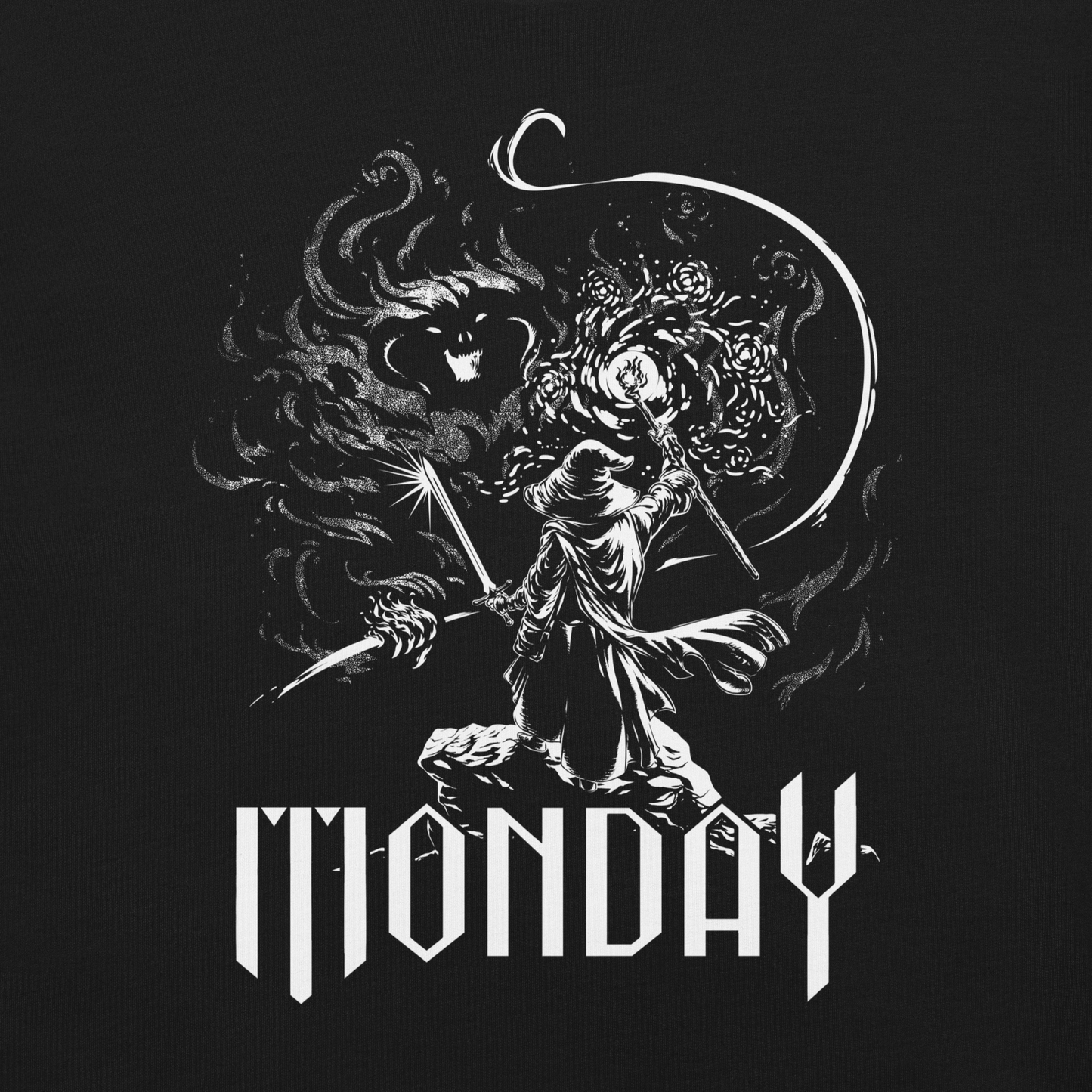 A white fantasy-style illustration showing a wizard standing on a rock, wielding a staff and sword, casting a spell toward a swirling dark, smoky monster with glowing eyes and mouth. The word “MONDAY” appears in large, bold, gothic letters at the bottom, symbolizing the wizard battling the chaos of Monday.
