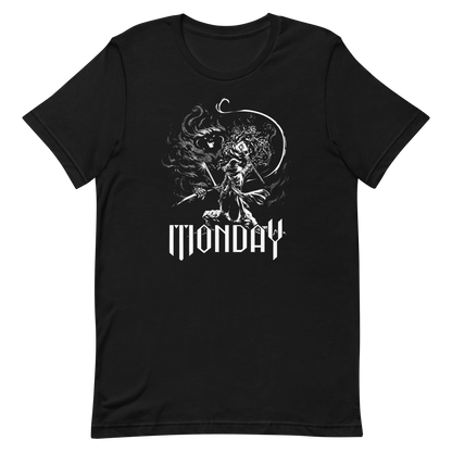 A white fantasy-style illustration showing a wizard standing on a rock, wielding a staff and sword, casting a spell toward a swirling dark, smoky monster with glowing eyes and mouth. The word “MONDAY” appears in large, bold, gothic letters at the bottom, symbolizing the wizard battling the chaos of Monday.