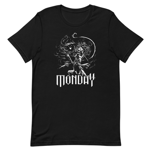 A white fantasy-style illustration showing a wizard standing on a rock, wielding a staff and sword, casting a spell toward a swirling dark, smoky monster with glowing eyes and mouth. The word “MONDAY” appears in large, bold, gothic letters at the bottom, symbolizing the wizard battling the chaos of Monday.
