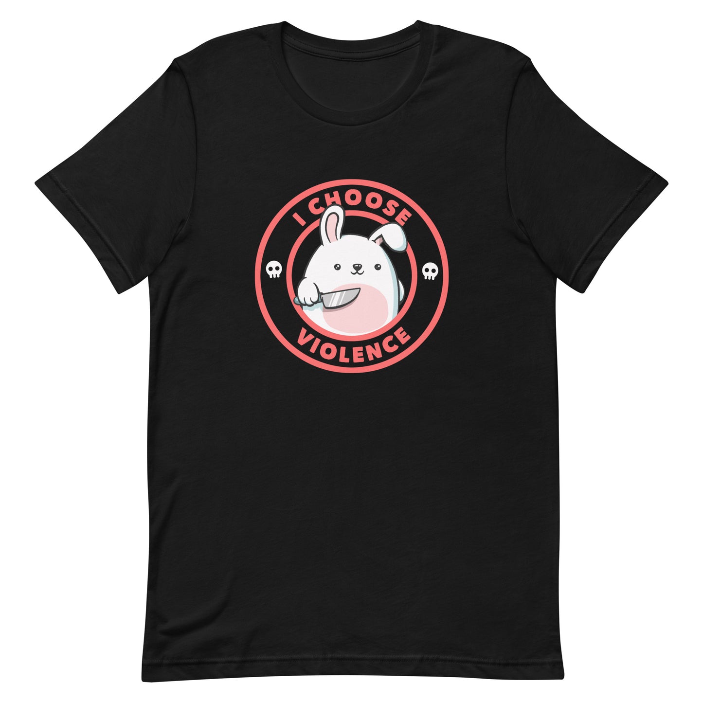A cute white cartoon bunny with a pink belly stands holding a large kitchen knife in one paw. Surrounding the bunny is a red circular border with the words 'I CHOOSE VIOLENCE'. Small skull icons are on either side of the circle. The overall tone is a mix of adorable and ironic humor.