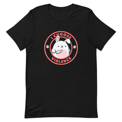 A cute white cartoon bunny with a pink belly stands holding a large kitchen knife in one paw. Surrounding the bunny is a red circular border with the words 'I CHOOSE VIOLENCE'. Small skull icons are on either side of the circle. The overall tone is a mix of adorable and ironic humor.