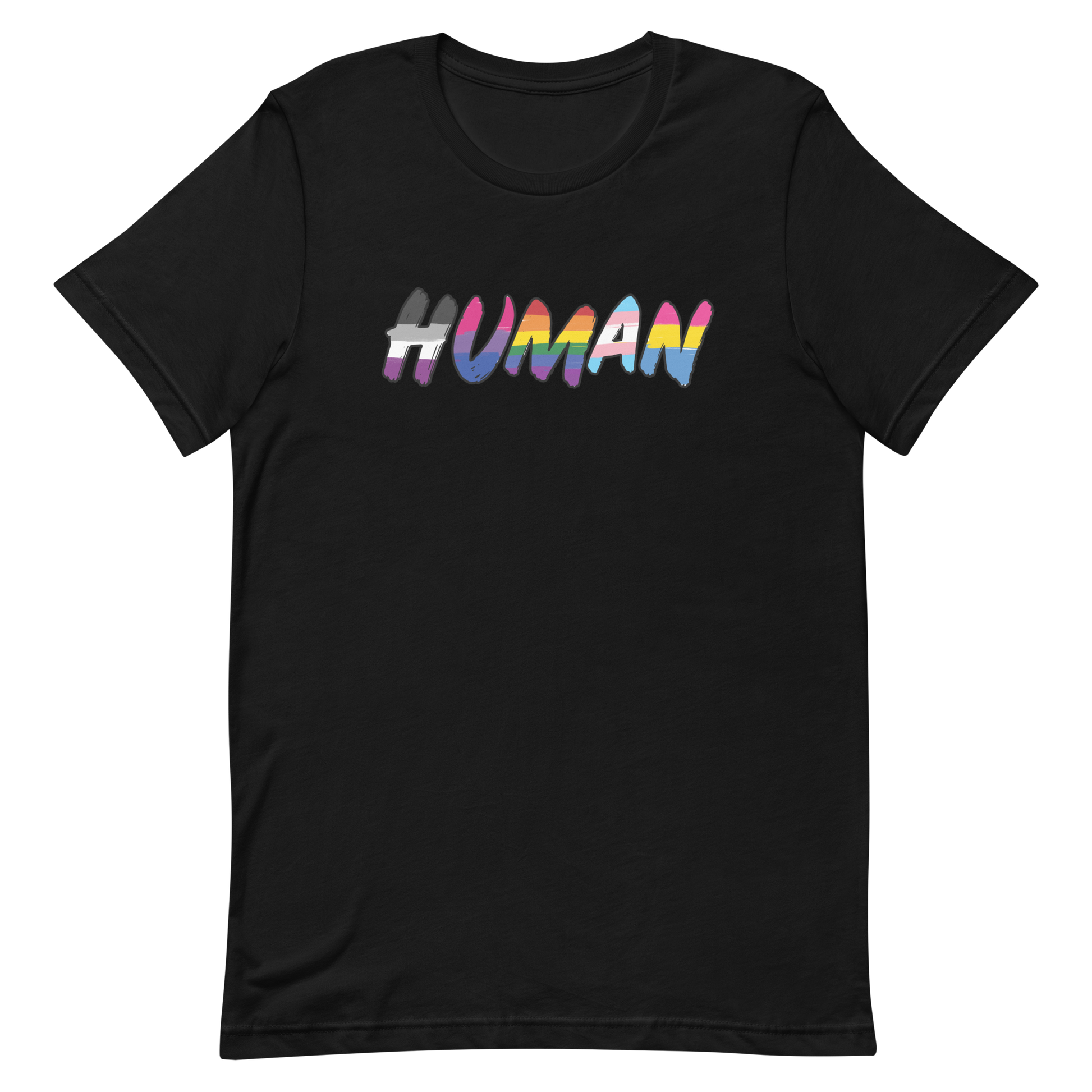 The image displays the word 'HUMAN' in bold, capitalized letters filled with colorful pride flag patterns. The colors within the letters represent different LGBTQ+ pride flags, symbolizing inclusivity and diversity. The background is solid black, which makes the colorful patterns stand out more vibrantly.