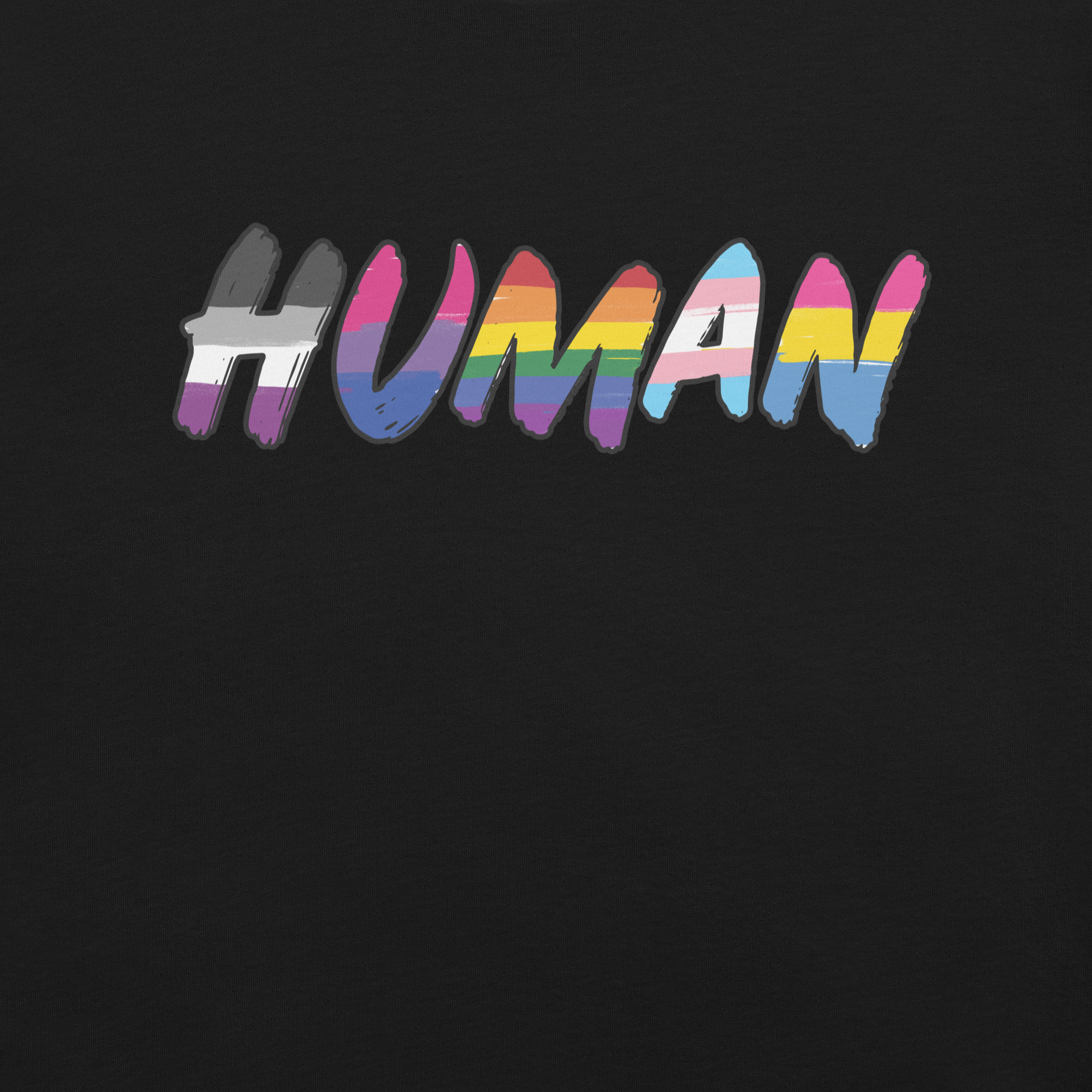 The image displays the word 'HUMAN' in bold, capitalized letters filled with colorful pride flag patterns. The colors within the letters represent different LGBTQ+ pride flags, symbolizing inclusivity and diversity. The background is solid black, which makes the colorful patterns stand out more vibrantly.