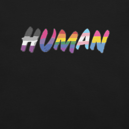 The image displays the word 'HUMAN' in bold, capitalized letters filled with colorful pride flag patterns. The colors within the letters represent different LGBTQ+ pride flags, symbolizing inclusivity and diversity. The background is solid black, which makes the colorful patterns stand out more vibrantly.