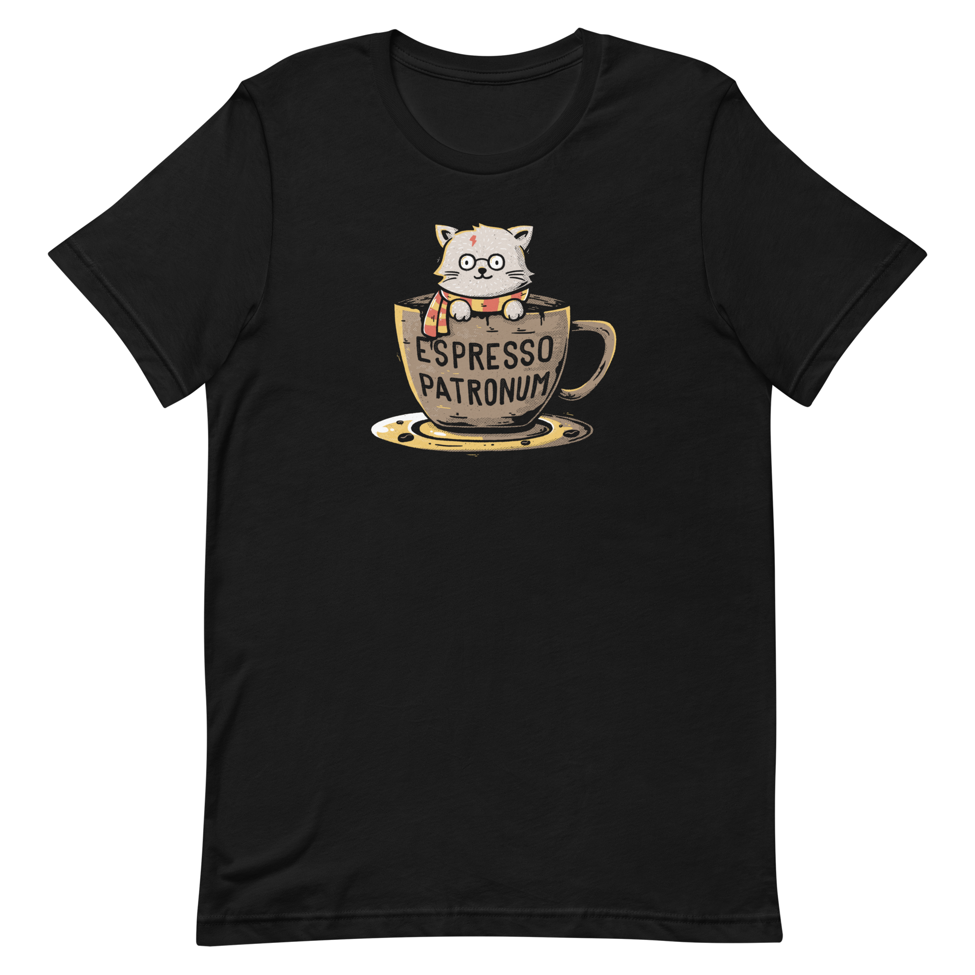 This design features an adorable cartoon cat with glasses and a lightning-shaped scar, wearing a striped scarf, sitting inside a large coffee cup. The cup has the humorous phrase 'Espresso Patronum' printed on it. The overall style is whimsical and playful, blending cute and nerdy elements. The cat appears to be a parody of a popular fictional character associated with magic and wizardry.