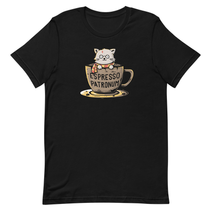 This design features an adorable cartoon cat with glasses and a lightning-shaped scar, wearing a striped scarf, sitting inside a large coffee cup. The cup has the humorous phrase 'Espresso Patronum' printed on it. The overall style is whimsical and playful, blending cute and nerdy elements. The cat appears to be a parody of a popular fictional character associated with magic and wizardry.