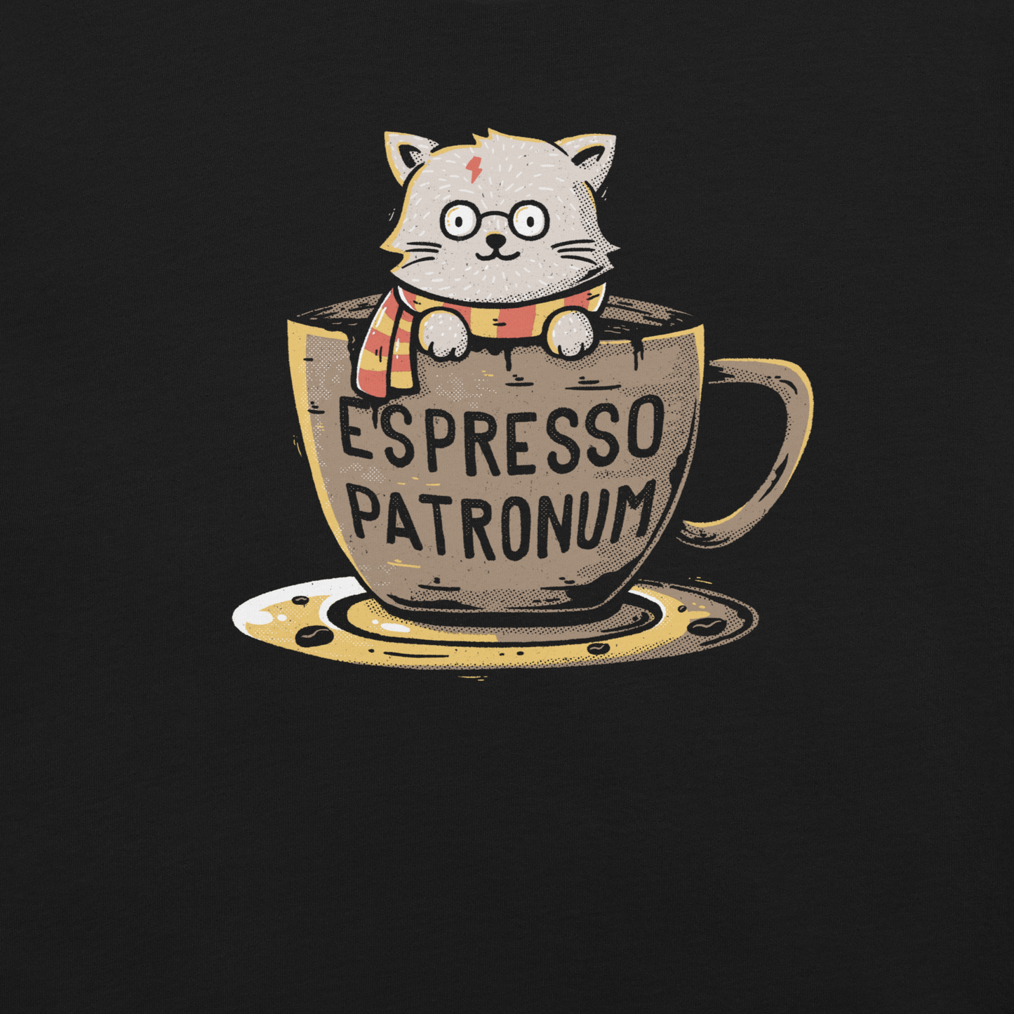 This design features an adorable cartoon cat with glasses and a lightning-shaped scar, wearing a striped scarf, sitting inside a large coffee cup. The cup has the humorous phrase 'Espresso Patronum' printed on it. The overall style is whimsical and playful, blending cute and nerdy elements. The cat appears to be a parody of a popular fictional character associated with magic and wizardry.