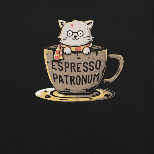 This design features an adorable cartoon cat with glasses and a lightning-shaped scar, wearing a striped scarf, sitting inside a large coffee cup. The cup has the humorous phrase 'Espresso Patronum' printed on it. The overall style is whimsical and playful, blending cute and nerdy elements. The cat appears to be a parody of a popular fictional character associated with magic and wizardry.