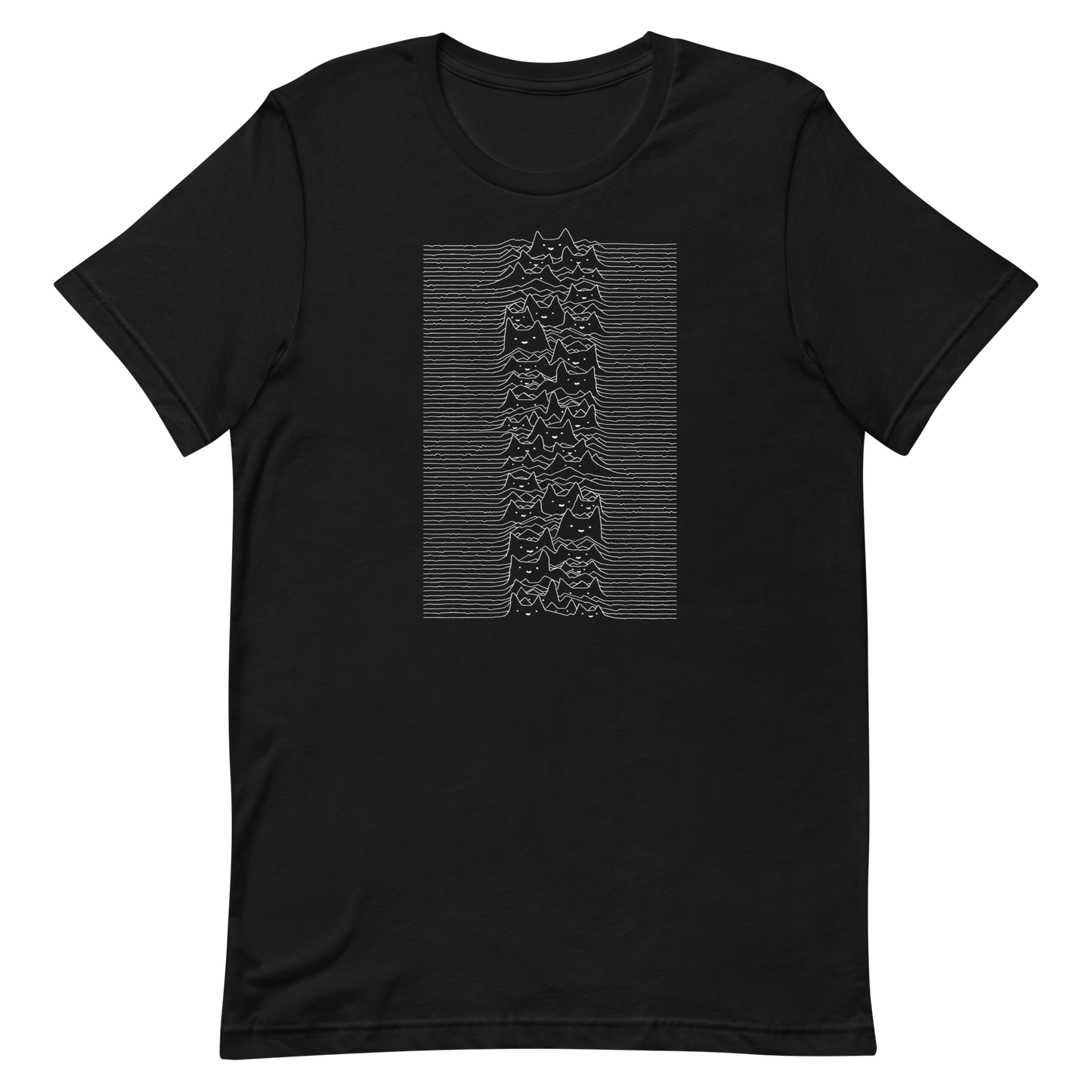 The drawing is a series of continuous wavy lines forming a pattern reminiscent of sound waves or topographic maps, but with an unexpected twist: the lines create the shapes of numerous cat faces stacked vertically. Each cat has simple, expressive features with pointed ears, adding a whimsical element to the otherwise structured pattern.