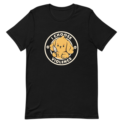 A cute yellow cartoon dog holds a small knife, surrounded by a circular logo that reads 'I Choose Violence'. The dog's expression is serious, yet the overall style is playful and cute. Two small skull icons are on either side, adding an ironic tone to the cheerful design.