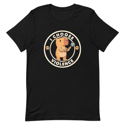 A cute, cartoonish burnt yellow capybara stands holding a spiked mace with a determined expression. Surrounding it is a circular design with the text 'I CHOOSE VIOLENCE' and two small skulls on either side, giving it a humorous yet ironic tone.