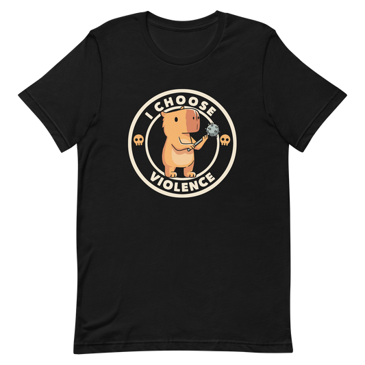 A cute, cartoonish burnt yellow capybara stands holding a spiked mace with a determined expression. Surrounding it is a circular design with the text 'I CHOOSE VIOLENCE' and two small skulls on either side, giving it a humorous yet ironic tone.